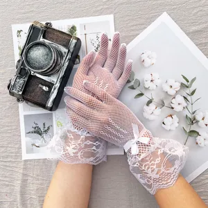 White mesh lace women gloves summer wedding bridal short gloves delicate bow wristwear