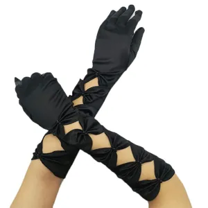 Women Satin Hollow Bow Pearl Wedding Stage Performance Gloves Elegant Long Evening Party Gloves Opera Costumes