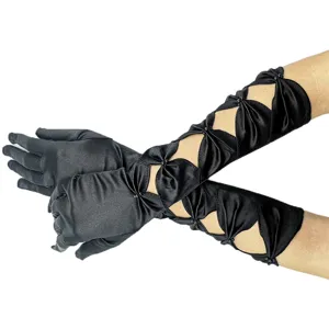 Black satin hollow evening gloves with elegant beaded bow details for wedding party.