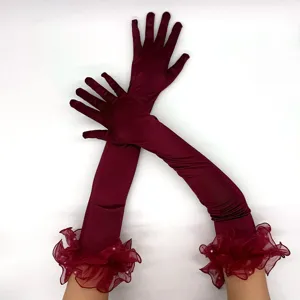 Burgundy satin long gloves with ruffled mesh and pearl cuffs for 1920s vintage party costumes.