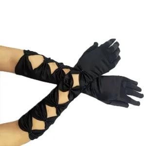 Black satin cutout formal gloves for women, elegant opera long gloves for wedding and evening party.