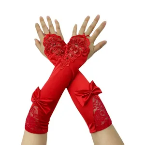 Elegantes guantes de encaje rojo sin dedos con lazo para novia de boda china y fiesta.