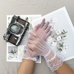 White mesh lace gloves for women, summer elegant floral wrist gloves for wedding party.