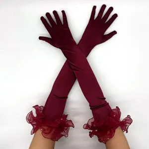 1920s Vintage Women Long Satin Gloves For Opera Party Evening Costume Accessories Ruffle Pearl Embellished Gloves