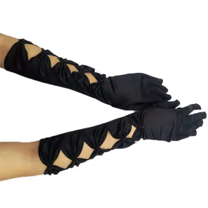 Elegant black satin long gloves featuring unique cutout and pleated bow details for evening events.