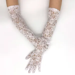 Close-up detail of elegant white floral lace long gloves, breathable fabric, stylish accessory.