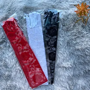 Long lace floral gloves for women, elegant sun protection lace arm sleeves in red white black.
