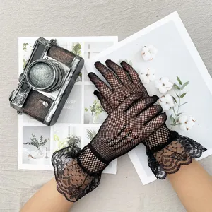 Black lace mesh gloves for women, stylish summer vintage floral ruffle fashion gloves.