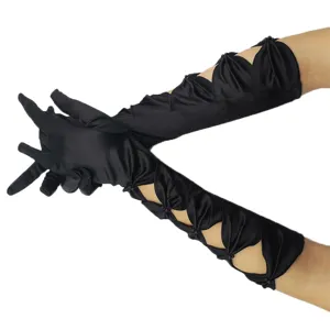Black satin long evening gloves with cut-out pleated details for wedding party and stage performance