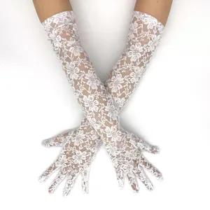 Detailed view of delicate white floral lace long gloves, elegant design, sun protection.