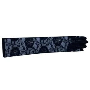 Elegant long black lace gloves with floral pattern, perfect for sun protection and parties.