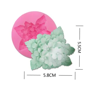 Detailed view of compact flower silicone mold with finished hydrangea piece and dimension marks.