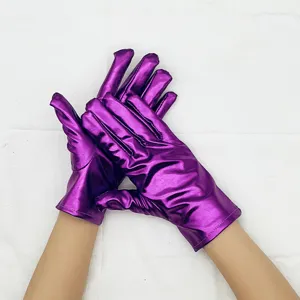 Close-up detail view of shiny purple patent leather cosplay gloves showing glossy reflective fabric texture.