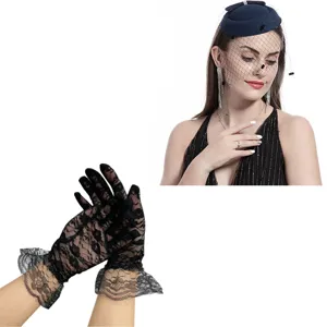 Detailed view of black lace gloves and blue pillbox hat, showing exquisite texture and design.