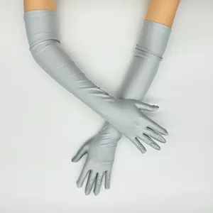 Long silver satin gloves for evening party, bridal wedding, vintage opera dress 1920s style.