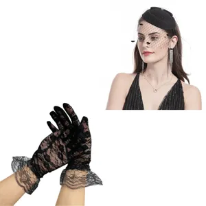 Women's Lace Gloves And Mesh Fascinator Hat Set Vintage Party Costume Accessories