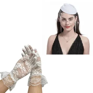 White lace gloves and mesh fascinator hat set, elegant vintage party costume accessories.