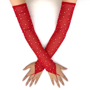 Women Fashion Rhinestone Mesh Gloves Long Fingerless Rave Party Fishnet Gloves Sparkling Crystal Performance Gloves