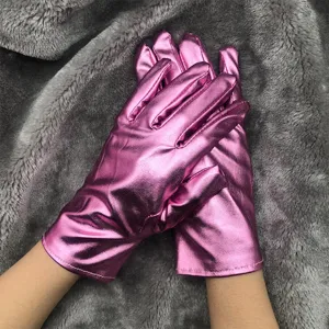 Shiny metallic pink patent leather gloves for stage performance, party, and cosplay accessories.