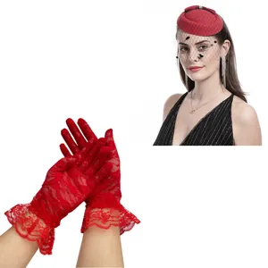 Red lace gloves and vintage mesh pillbox hat set, elegant prom party costume accessory.