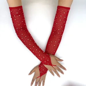 Red mesh rhinestone long gloves detail, sparkling crystal stretch tulle hand accessories.