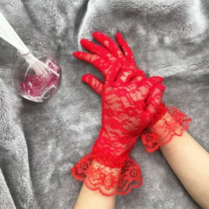 Red lace gloves for women, summer sun protection floral lace rised driving gloves.