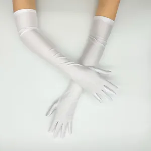Long white satin etiquette gloves for women, elegant evening party and wedding performance wear.