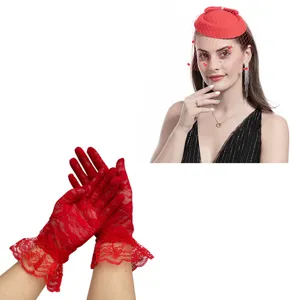 Red lace gloves and pillbox hat set for women sexy party costume vintage tea party headwear.