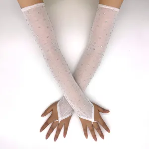 White rhinestone mesh long gloves, sparkly crystal finger loop sheer arm sleeves party.