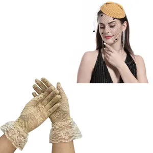 Women vintage lace gloves and yellow fascinator hat set elegant party retro costume accessory