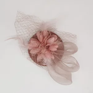 Pink feather fascinator hair clip mesh tea party 1920s vintage wedding bridal hair accessory