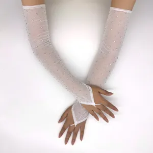 White mesh rhinestone long gloves, elegant fingerless design for party and evening events.