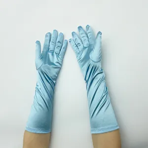 Elegante hellblaue lange Satin-Damenhandschuhe, elastische Spandex-Sonnenschutz-Abendhandschuhe.