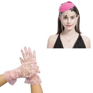 Pink lace gloves and fascinator hat set, elegant vintage style detail for party costume.