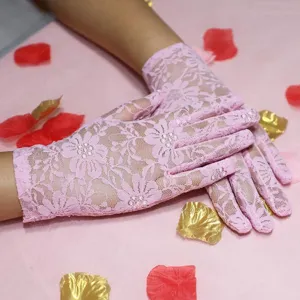 Gants en dentelle rose courte mariage mariée cinq doigts protection solaire transparente élastique