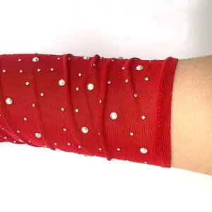 Red rhinestone mesh long gloves rave festival party sparkling arm sleeve accessory