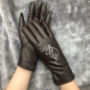 Women Winter Warm Touch Screen Gloves Cute Cartoon Animal Embroidered Faux Leather Cycling Thermal Gloves