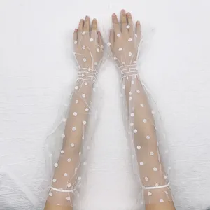 Summer sheer lace sun protection sleeves, long fingerless design with white polka dots.