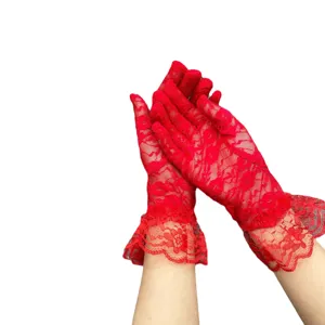 Red elastic floral lace gloves for women, sheer summer sun protection driving gloves wholesale.