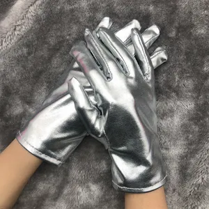 Silver metallic shiny gloves for party stage performance and cosplay costume accessories.