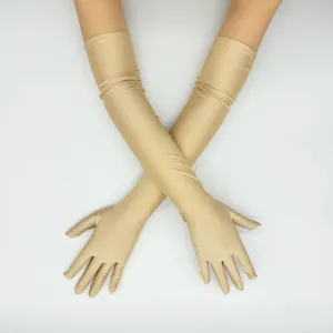 Long gold spandex gloves detail showing smooth satin texture and elegant wedding prom style.