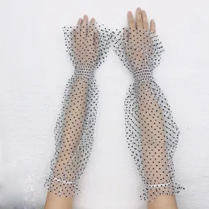 Sheer polka dot sun protection sleeves detail view, breathable mesh extended arm cover gloves.