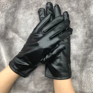 Black glossy faux leather gloves for adult stage performance, party cosplay and fashion wear.