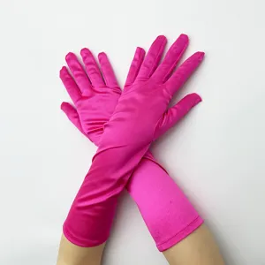 Lange rosa Satinhandschuhe für Damen, elastische Spandex Opernhandschuhe für Abendparty.