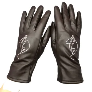 Brown leather touch screen gloves for women with cute white embroidery winter warm stylish.
