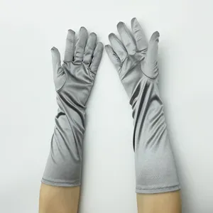 Details der langen Damen Satin Sonnenschutzhandschuhe, elegante graue Elastan Etikette Handschuhe.