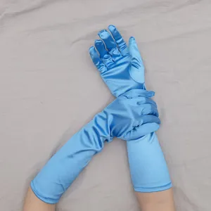 Elegante lange blaue Satin Handschuhe für Damen, elastische Spandex Abend Party Details.