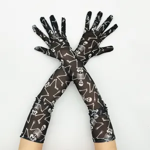 Halloween black mesh long skeleton gloves for women party costume accessories dress up
