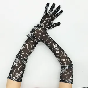 Long black mesh skeleton gloves for Halloween party costume accessories, scary skull design.