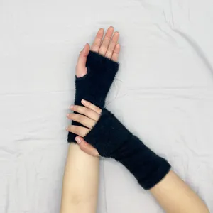 Black fuzzy fingerless gloves for women and men, warm winter knitted half finger arm warmers.